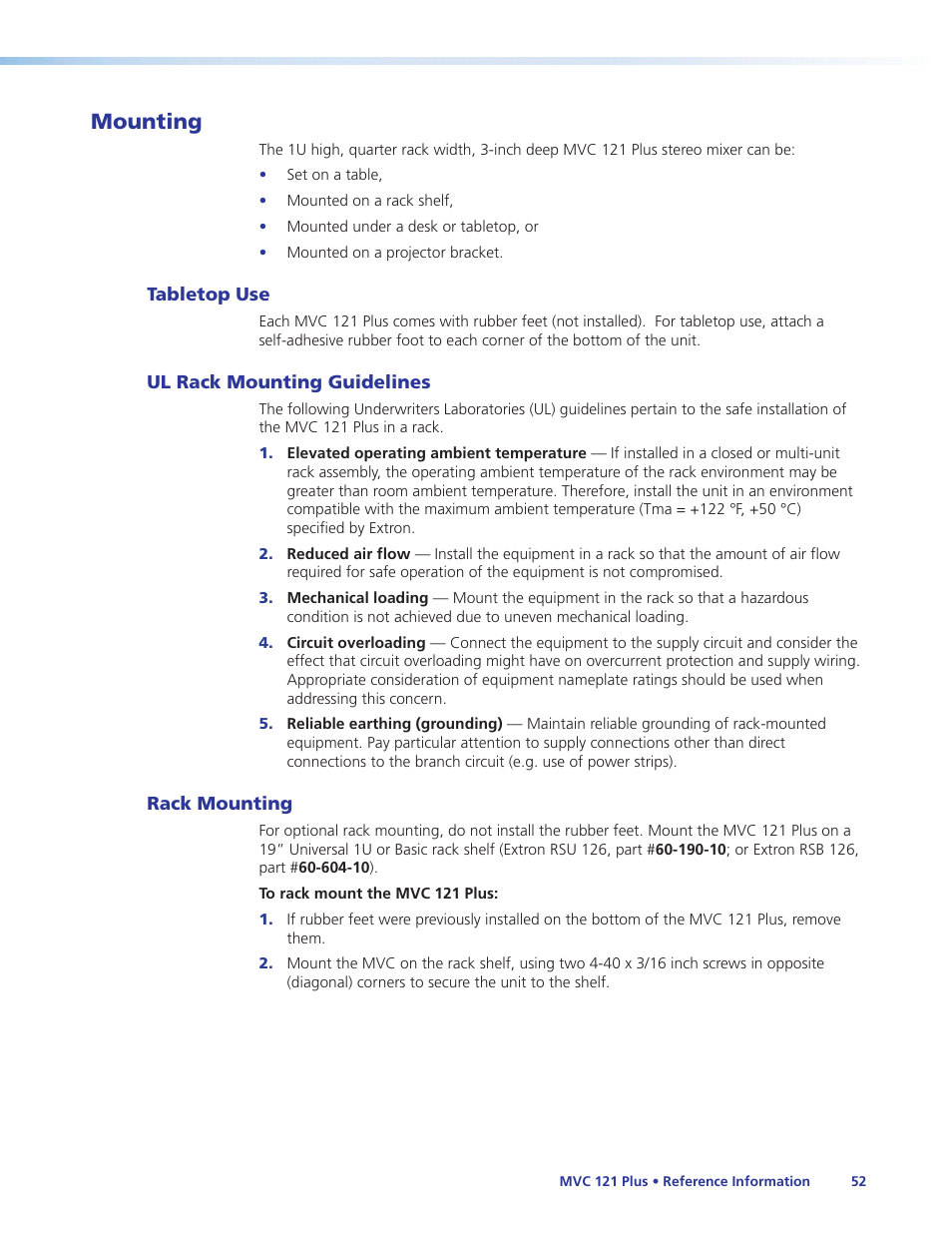 Mounting, Tabletop use, Ul rack mounting guidelines | Rack mounting | Extron Electronics MVC 121 Plus User Guide User Manual | Page 58 / 63