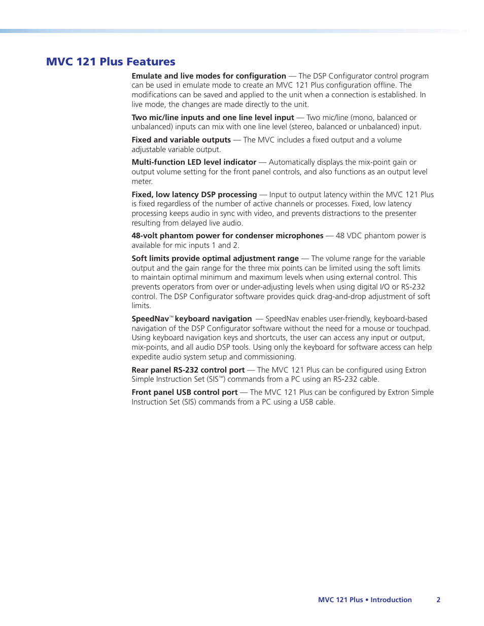 Mvc 121 plus features | Extron Electronics MVC 121 Plus User Guide User Manual | Page 8 / 63