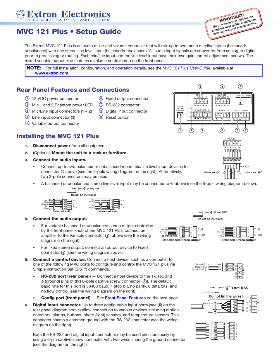 Extron Electronics MVC 121 Plus Setup Guide User Manual | 2 pages