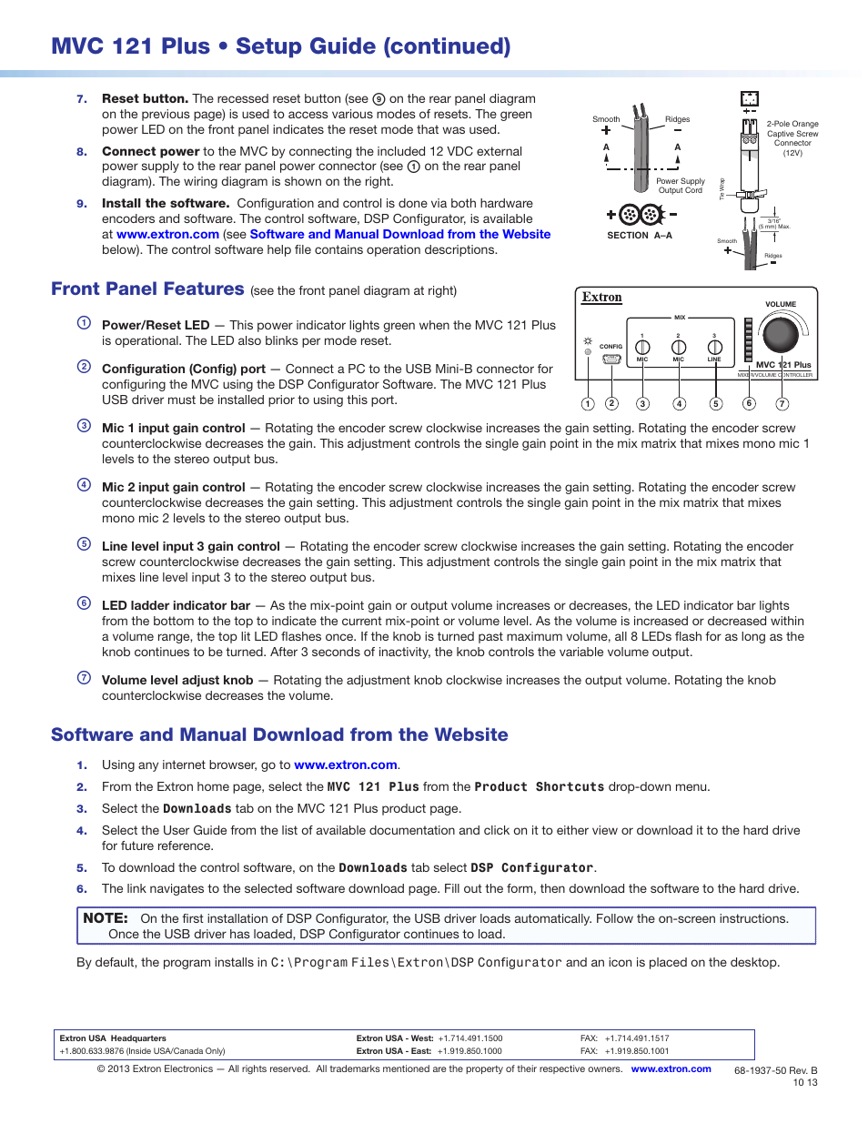 Mvc 121 plus • setup guide (continued), Front panel features, Software and manual download from the website | Extron Electronics MVC 121 Plus Setup Guide User Manual | Page 2 / 2