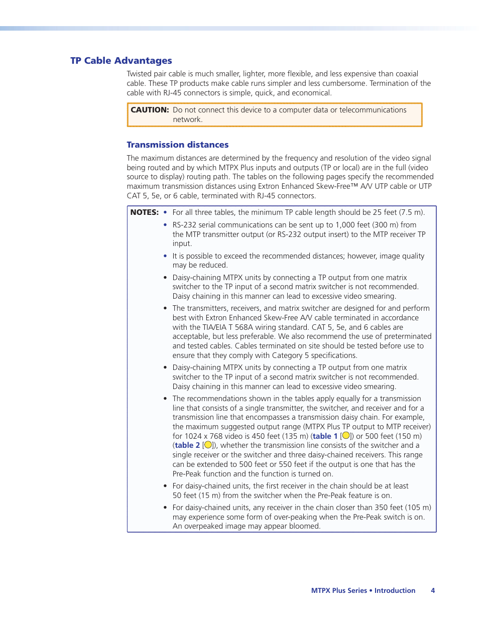 Tp cable advantages, Transmission distances | Extron Electronics MTPX Plus Series User Guide User Manual | Page 10 / 169