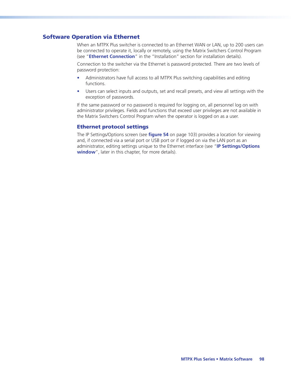 Software operation via ethernet, Ethernet protocol settings | Extron Electronics MTPX Plus Series User Guide User Manual | Page 104 / 169
