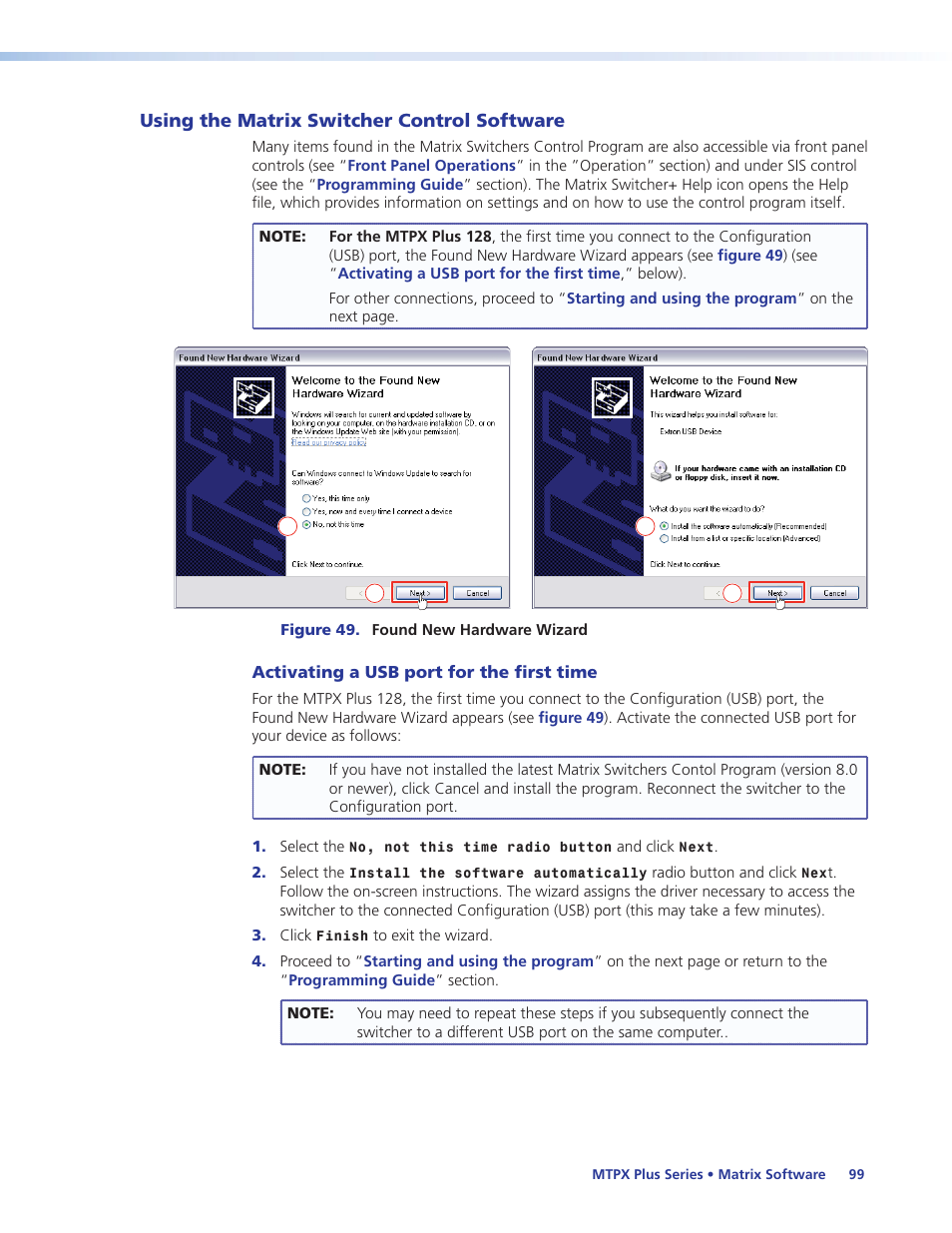 Using the matrix switcher control software, Activating a usb port for the first time, Using the matrix switcher control | Software | Extron Electronics MTPX Plus Series User Guide User Manual | Page 105 / 169