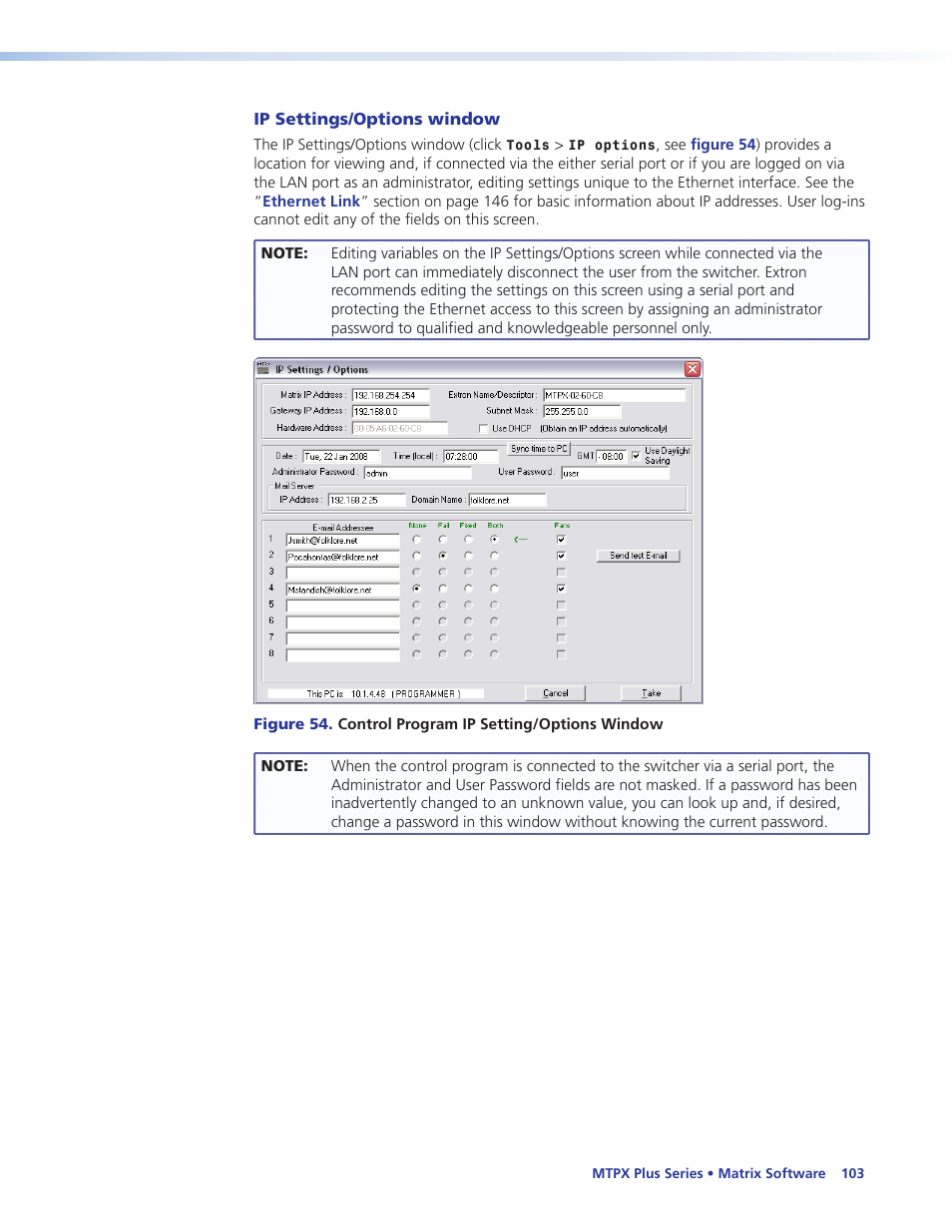 Ip settings/options window, Figure 54, Net interface (see | Ip settings/options, Window | Extron Electronics MTPX Plus Series User Guide User Manual | Page 109 / 169