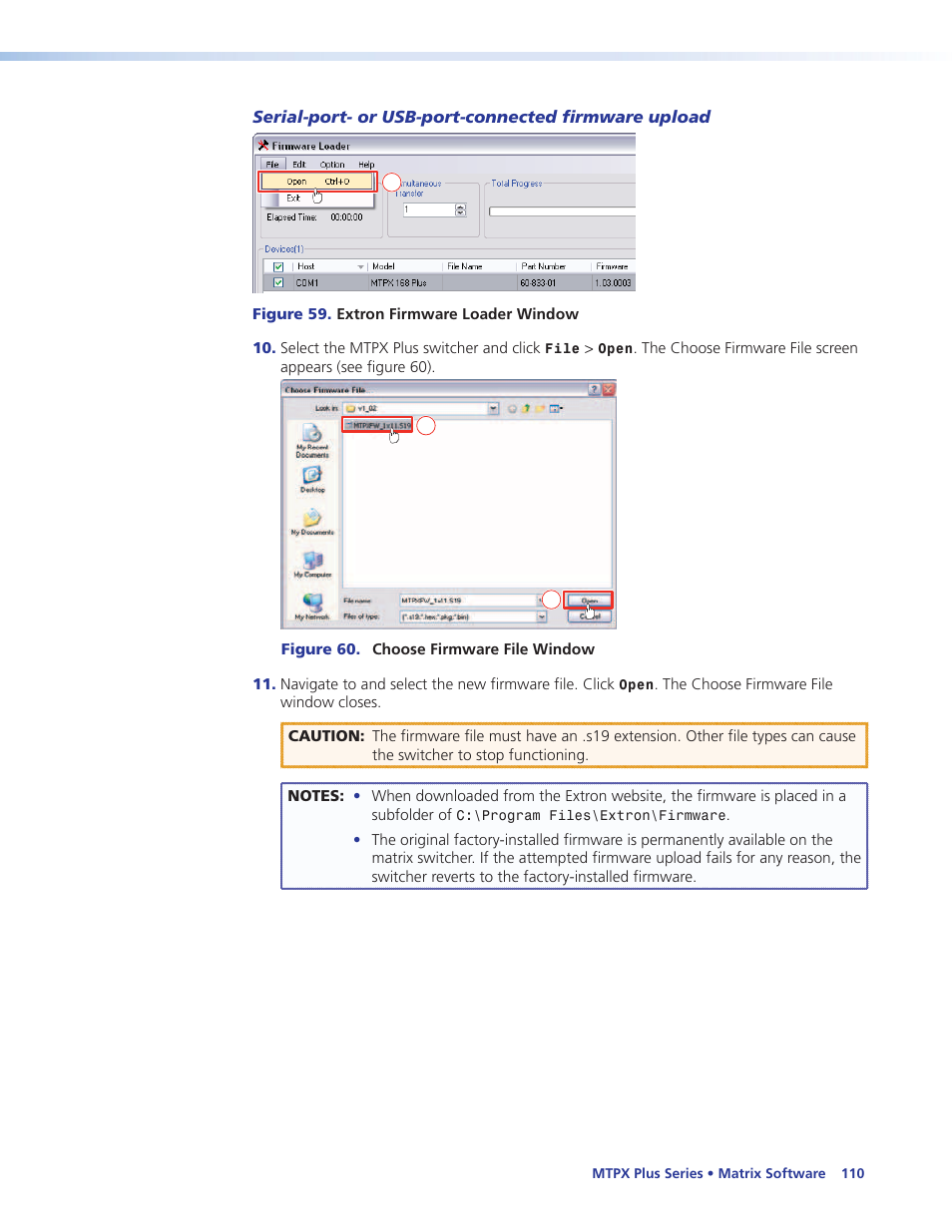 Serial-port- or usb-port-connected firmware upload, E loader window appears (see, Figure 59 | Serial-port or, Usb-port-connected firmware upload | Extron Electronics MTPX Plus Series User Guide User Manual | Page 116 / 169