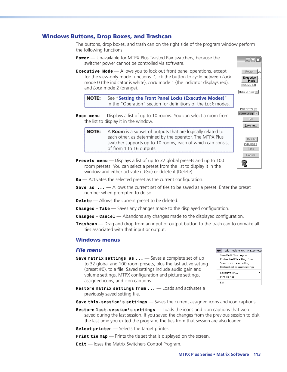 Windows buttons, drop boxes, and trashcan, Windows menus, Windows buttons, drop boxes | And trashcan, Matrix software, Section | Extron Electronics MTPX Plus Series User Guide User Manual | Page 119 / 169