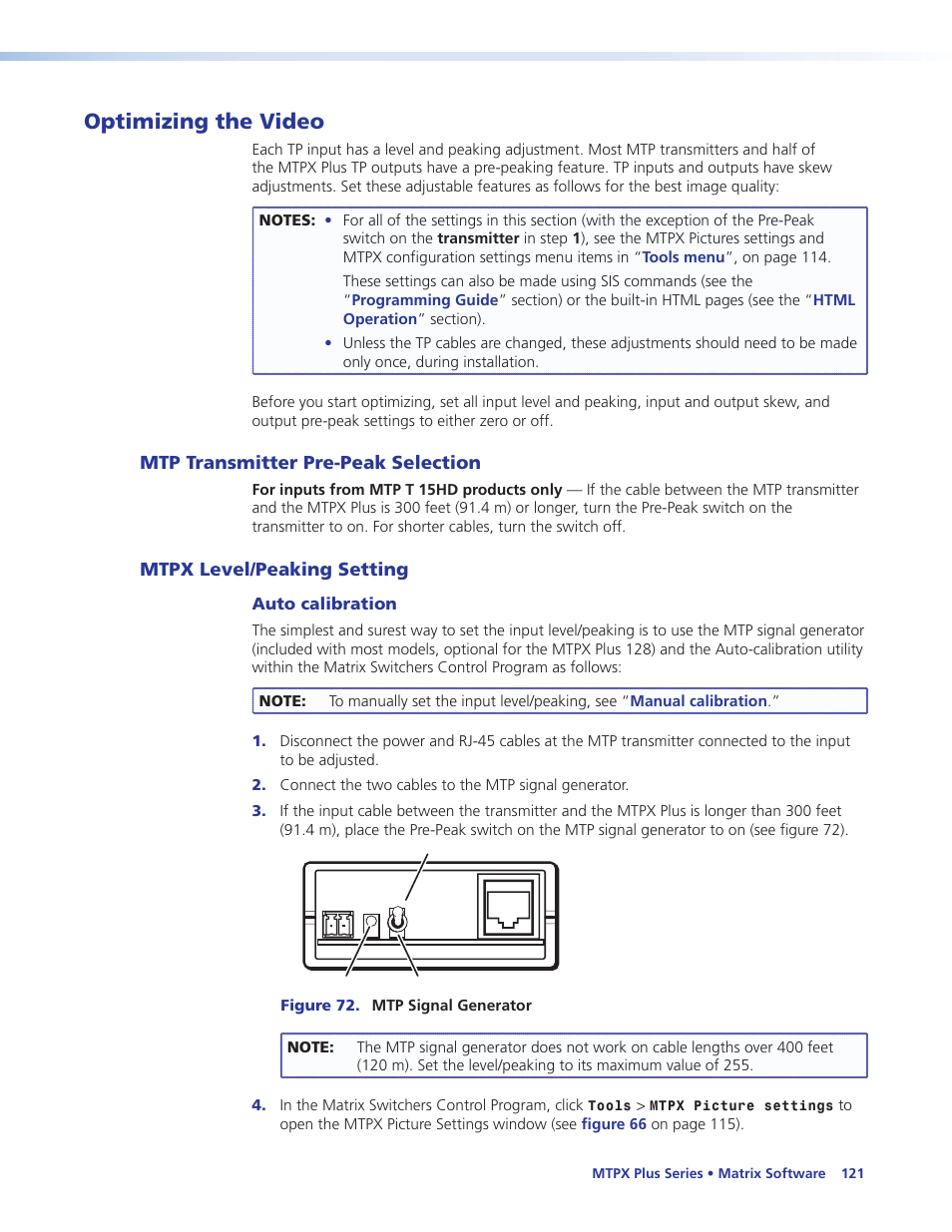 Optimizing the video, Mtp transmitter pre-peak selection, Mtpx level/peaking setting | Auto calibration, In the “matrix softwar | Extron Electronics MTPX Plus Series User Guide User Manual | Page 127 / 169