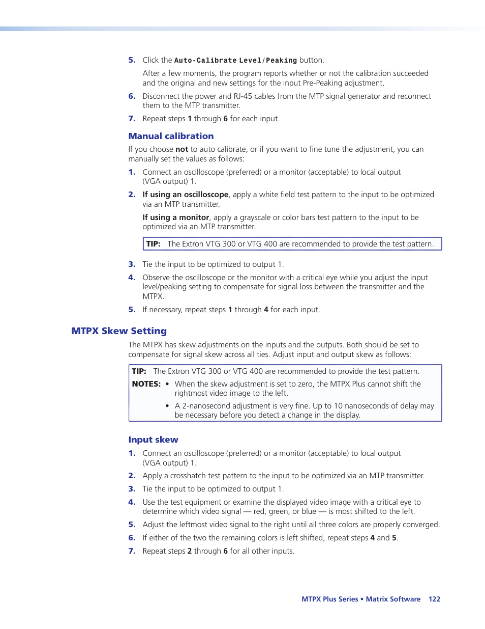 Manual calibration, Mtpx skew setting, Input skew | O manually set the input level/peaking, see | Extron Electronics MTPX Plus Series User Guide User Manual | Page 128 / 169