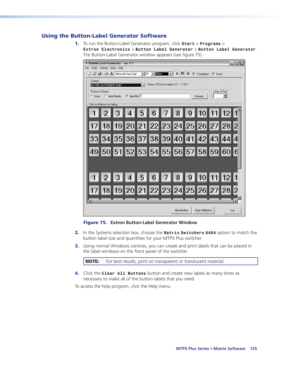 Using the button-label generator software, Using the button-label generator, Software | Extron Electronics MTPX Plus Series User Guide User Manual | Page 131 / 169