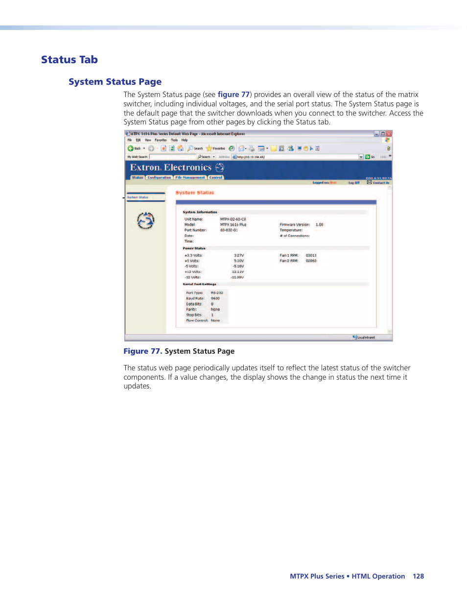 Status tab | Extron Electronics MTPX Plus Series User Guide User Manual | Page 134 / 169