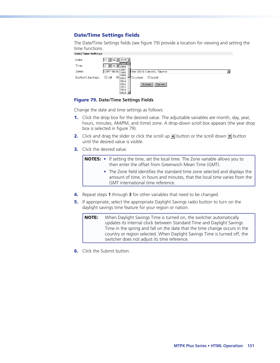 Date/time settings fields | Extron Electronics MTPX Plus Series User Guide User Manual | Page 137 / 169