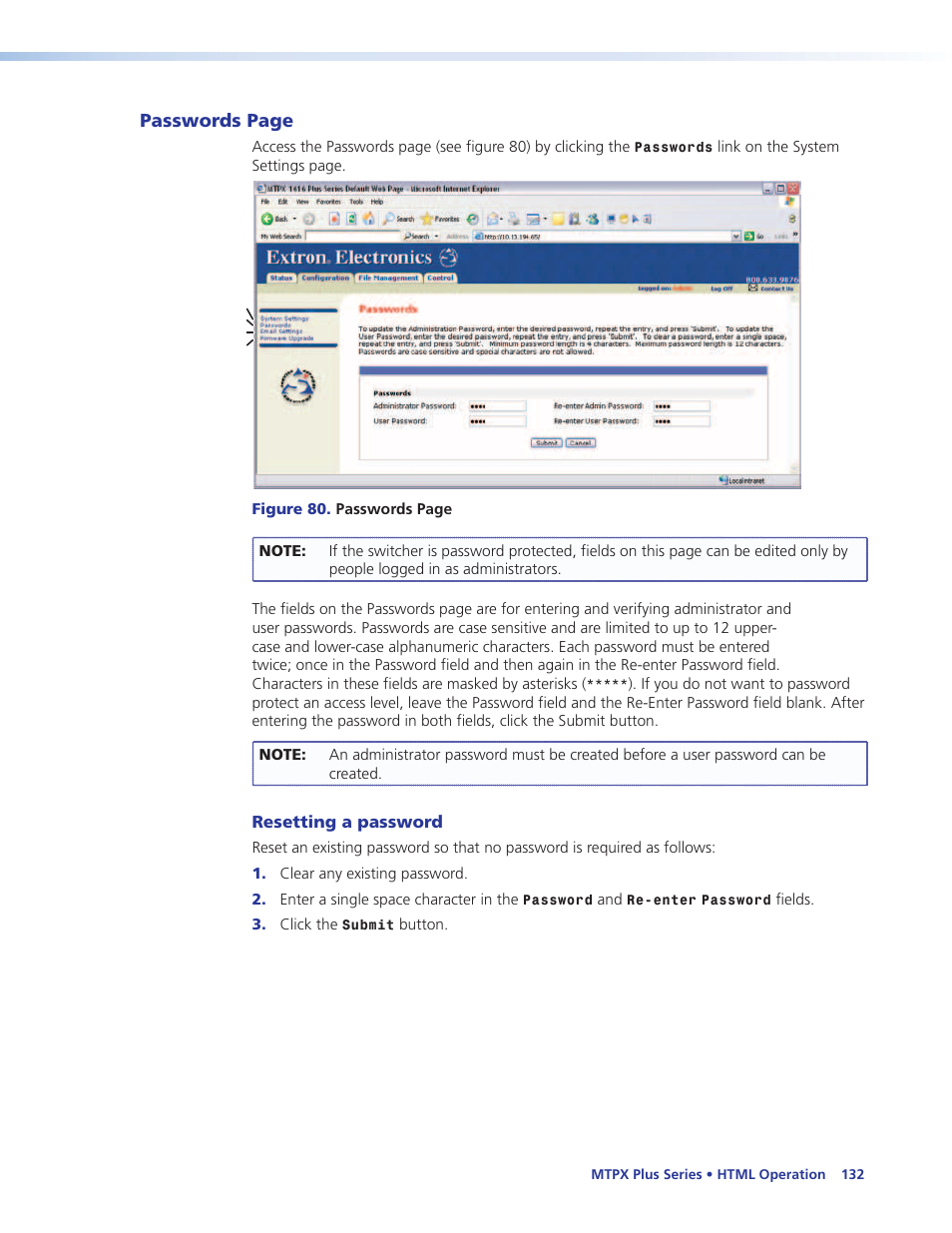 Resetting a password | Extron Electronics MTPX Plus Series User Guide User Manual | Page 138 / 169