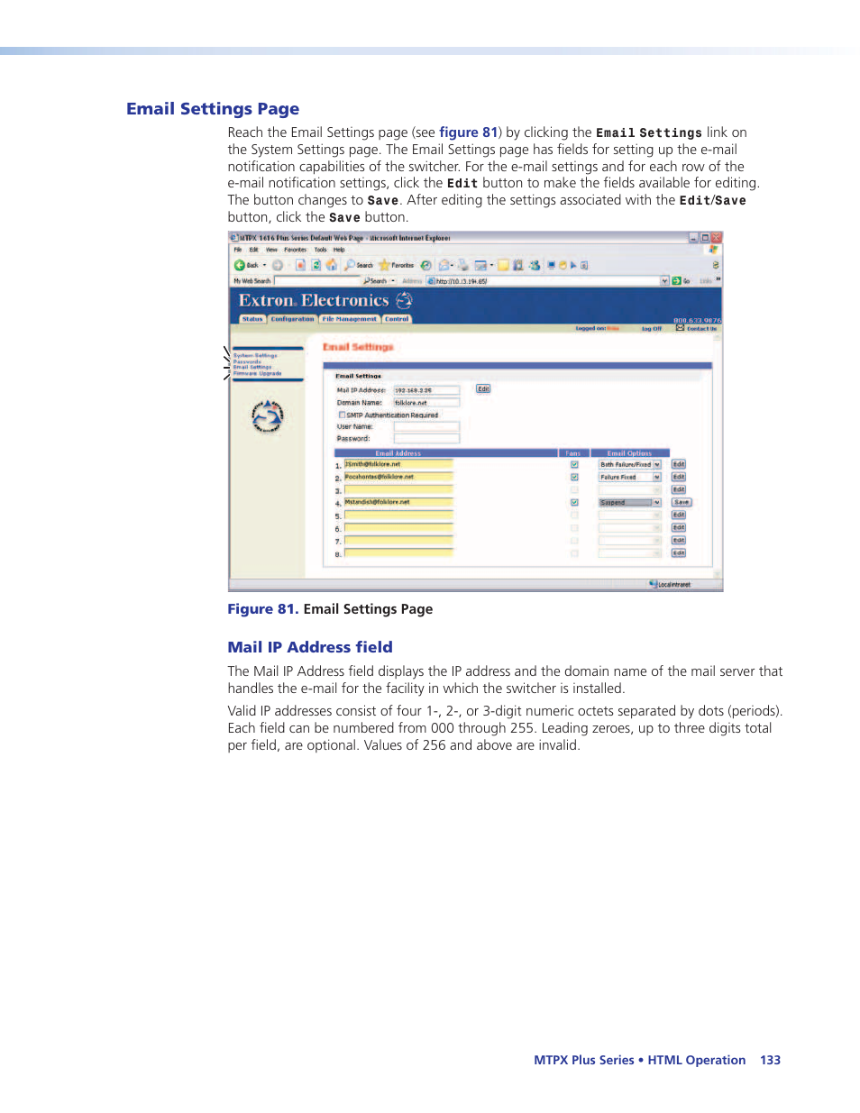 Mail ip address field, Email settings page | Extron Electronics MTPX Plus Series User Guide User Manual | Page 139 / 169