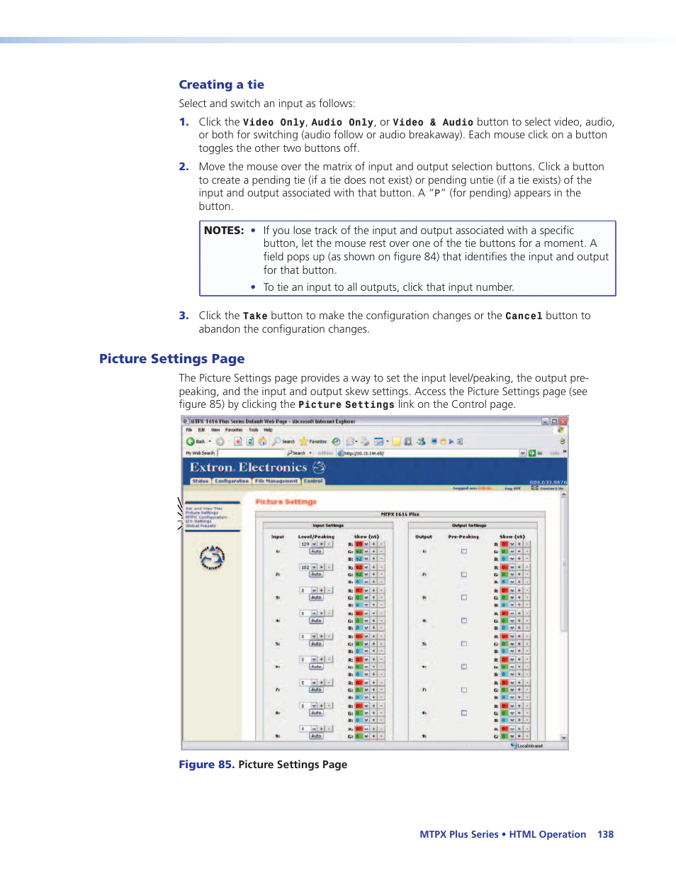 Creating a tie, Section, and the, Html operation | Html, Operation, Picture settings page | Extron Electronics MTPX Plus Series User Guide User Manual | Page 144 / 169