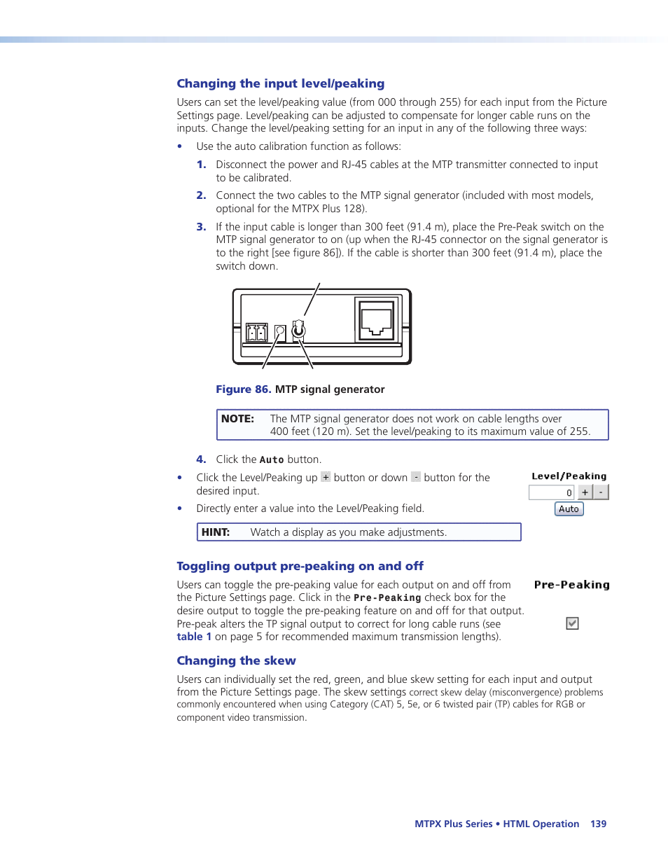 Changing the input level/peaking, Toggling output pre-peaking on and off, Changing the skew | Extron Electronics MTPX Plus Series User Guide User Manual | Page 145 / 169
