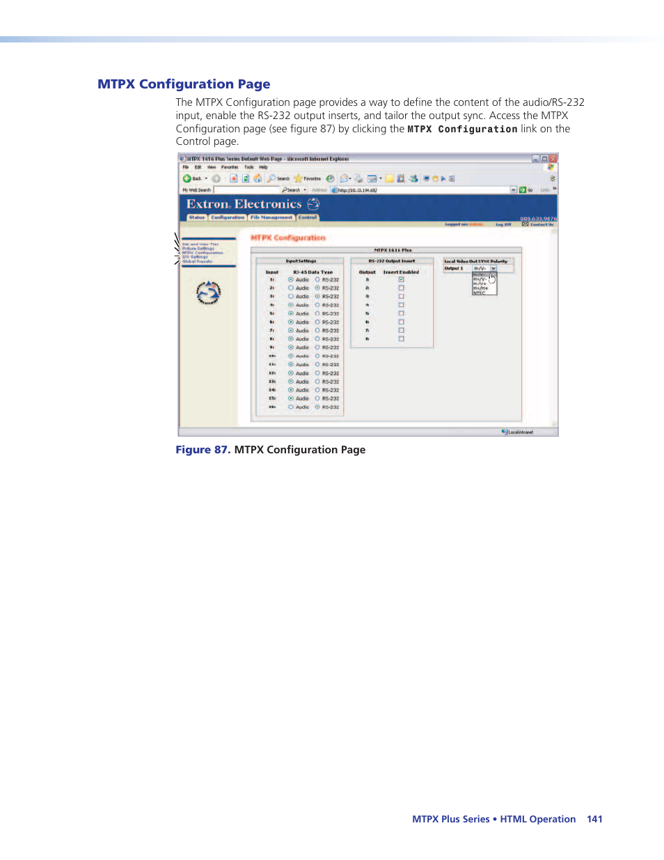 Html operation, Section), Mtpx configuration page | Extron Electronics MTPX Plus Series User Guide User Manual | Page 147 / 169