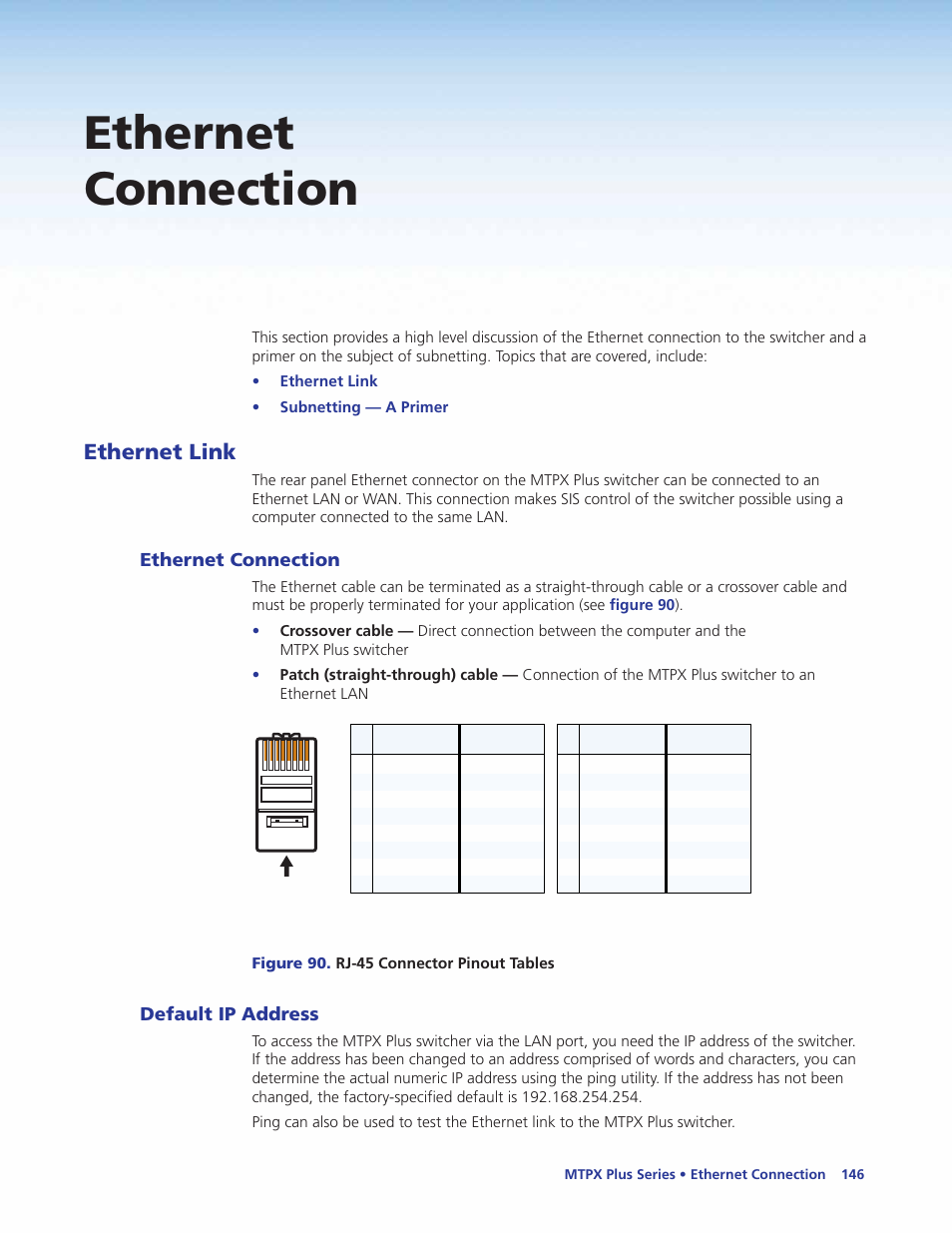 Ethernet connection, Ethernet link, Default ip address | Ethernet connection default ip address | Extron Electronics MTPX Plus Series User Guide User Manual | Page 152 / 169