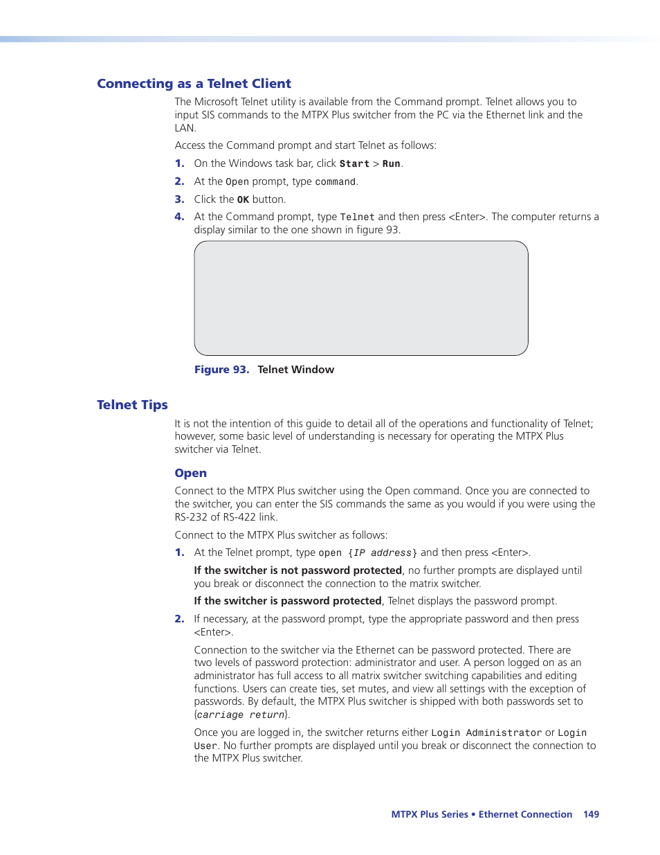 Connecting as a telnet client, Telnet tips, Open | Connecting as a telnet client telnet tips | Extron Electronics MTPX Plus Series User Guide User Manual | Page 155 / 169