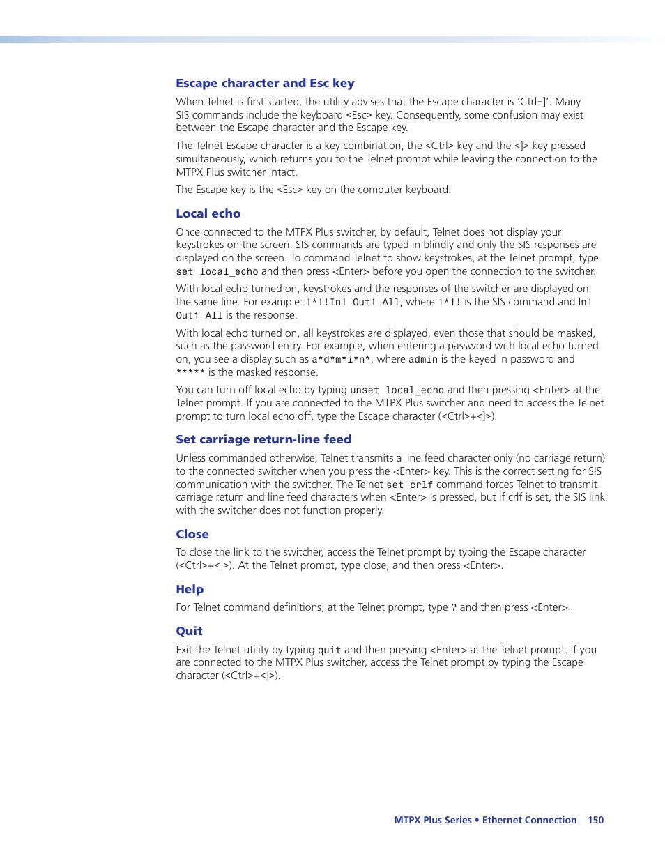 Escape character and esc key, Local echo, Set carriage return-line feed | Close, Help, Quit | Extron Electronics MTPX Plus Series User Guide User Manual | Page 156 / 169