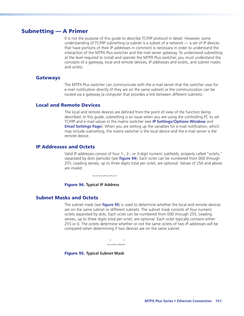 Subnetting — a primer, Gateways, Local and remote devices | Ip addresses and octets, Subnet masks and octets, In the “ether | Extron Electronics MTPX Plus Series User Guide User Manual | Page 157 / 169