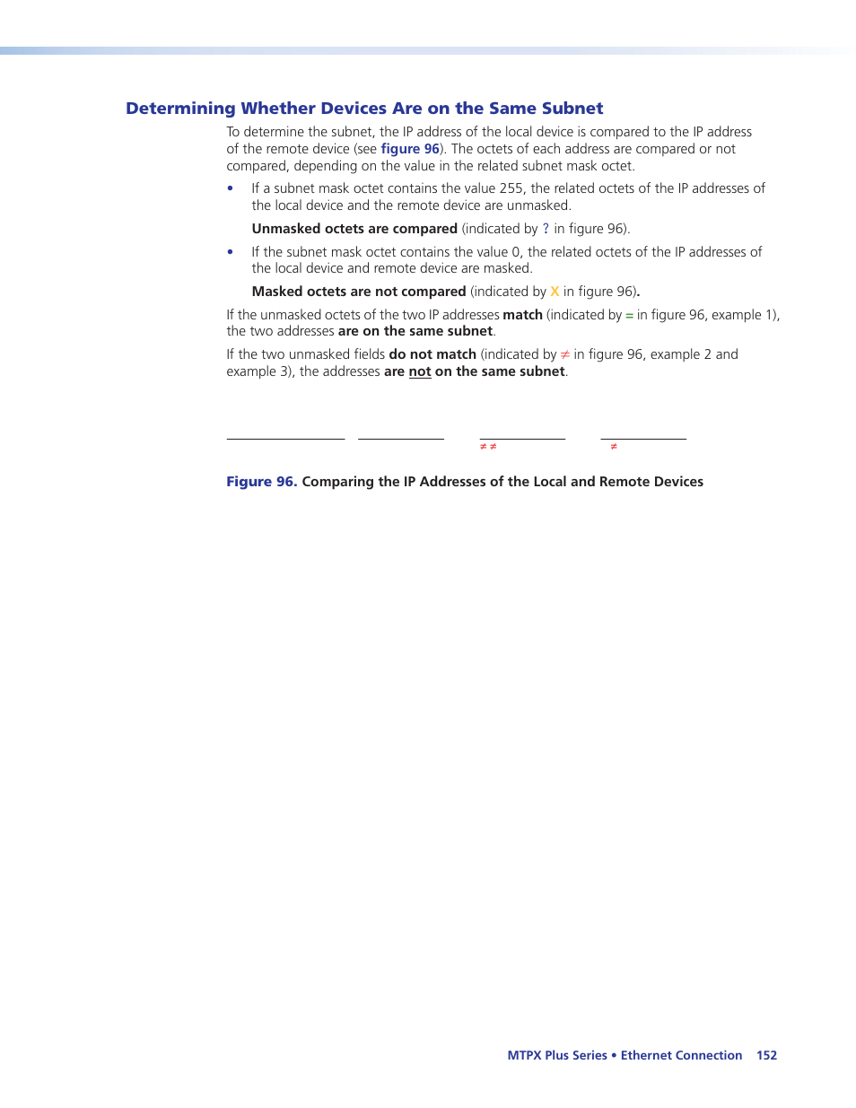 Determining whether devices are on the same subnet, Determining whether devices, Are on the same subnet | Extron Electronics MTPX Plus Series User Guide User Manual | Page 158 / 169