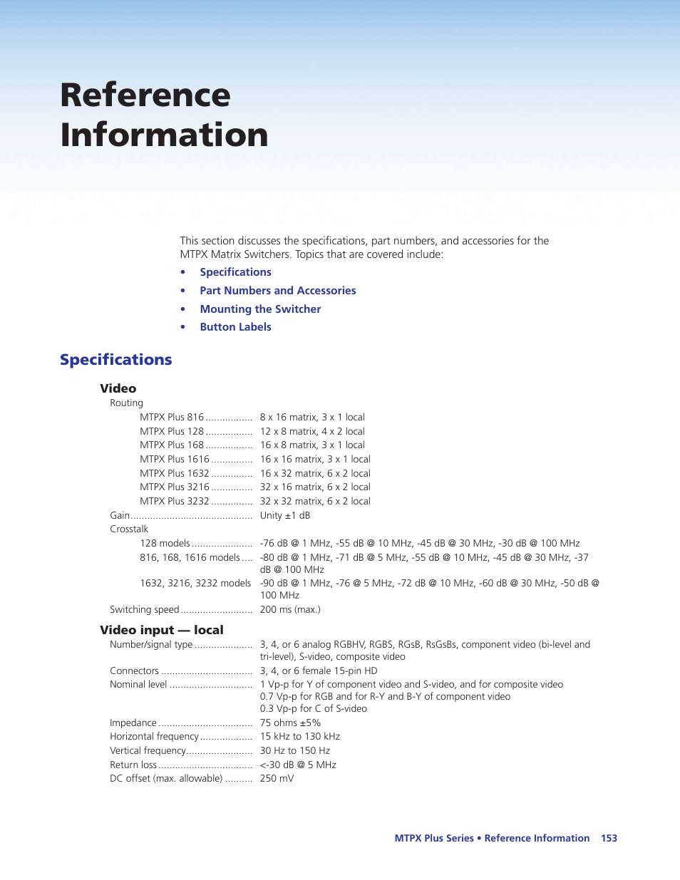 Reference information, Specifications | Extron Electronics MTPX Plus Series User Guide User Manual | Page 159 / 169