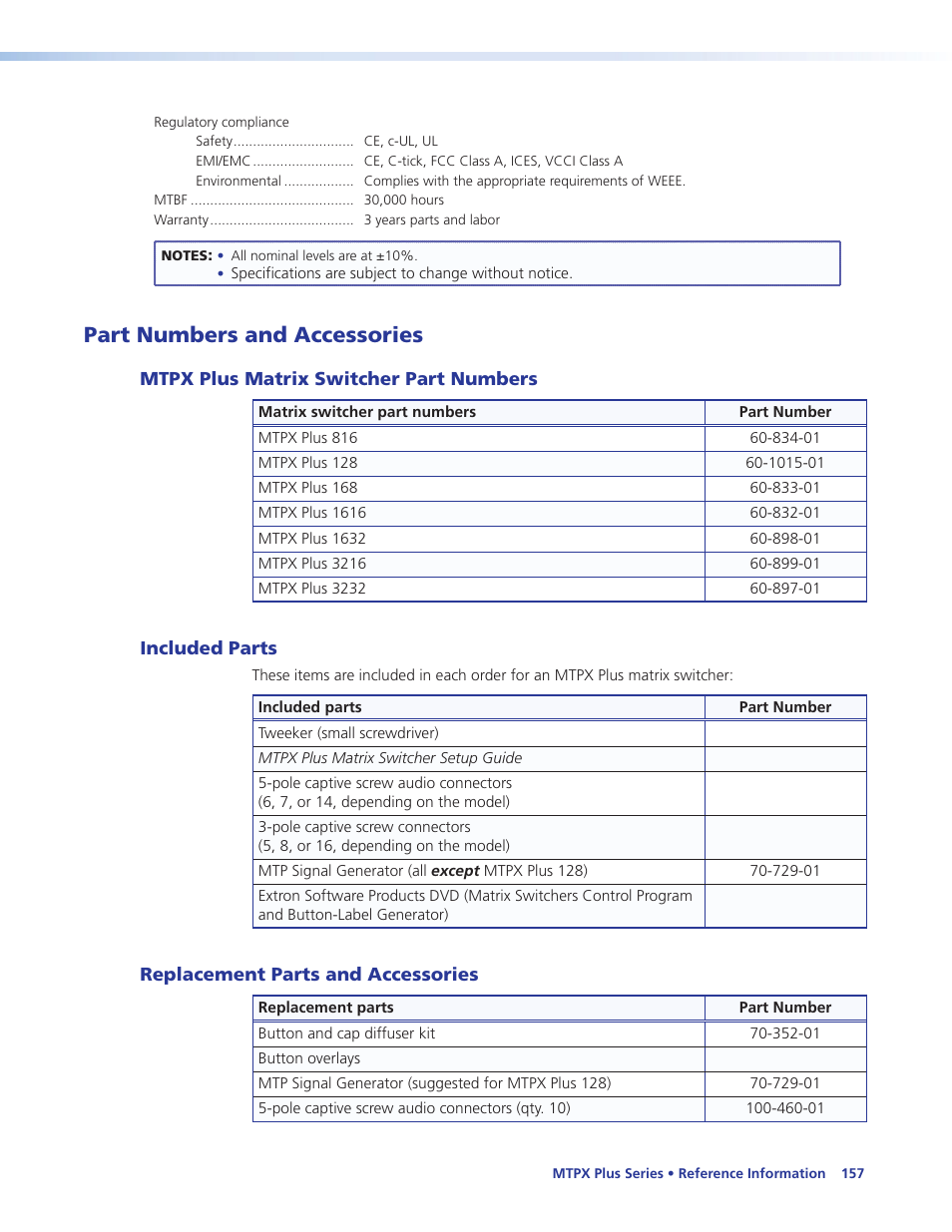 Part numbers and accessories, Mtpx plus matrix switcher part numbers, Included parts | Replacement parts and accessories, Mtpx plus matrix switcher, Part numbers, Included parts replacement parts and accessories | Extron Electronics MTPX Plus Series User Guide User Manual | Page 163 / 169