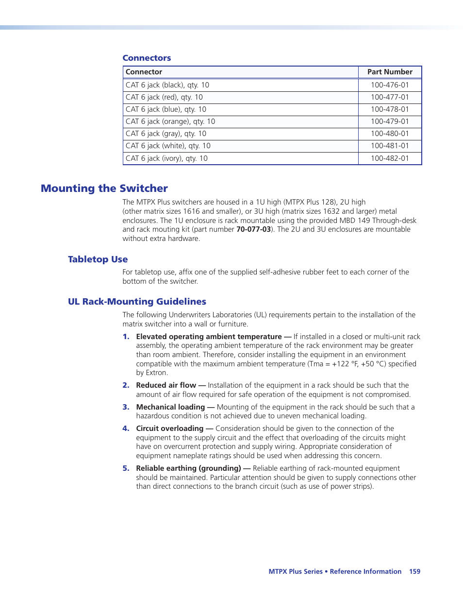 Mounting the switcher, Tabletop use, Ul rack-mounting guidelines | Tabletop use ul rack-mounting guidelines | Extron Electronics MTPX Plus Series User Guide User Manual | Page 165 / 169