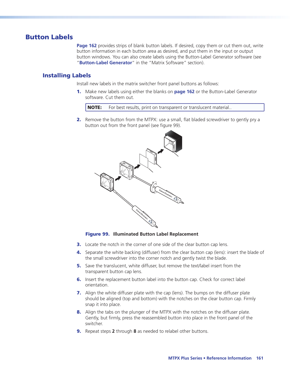 Button labels, Installing labels, Reference information | Extron Electronics MTPX Plus Series User Guide User Manual | Page 167 / 169