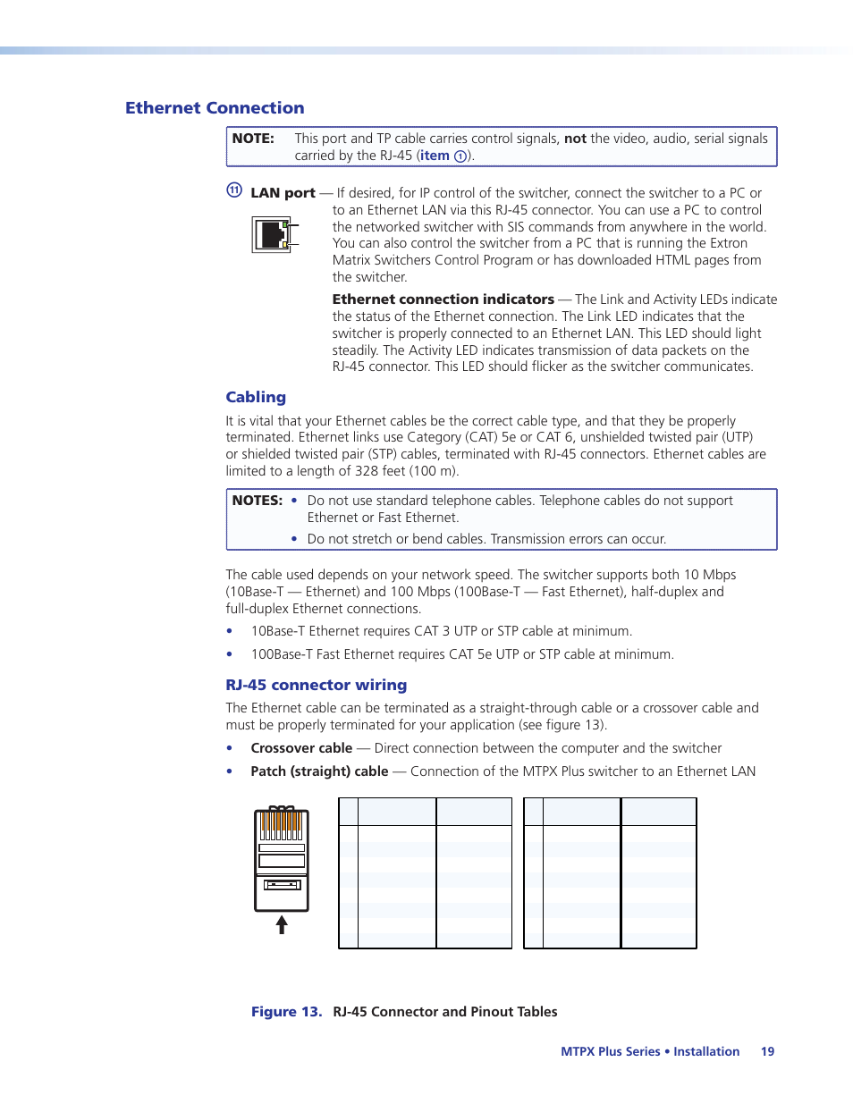 Ethernet connection, Cabling, Rj-45 connector wiring | Extron Electronics MTPX Plus Series User Guide User Manual | Page 25 / 169