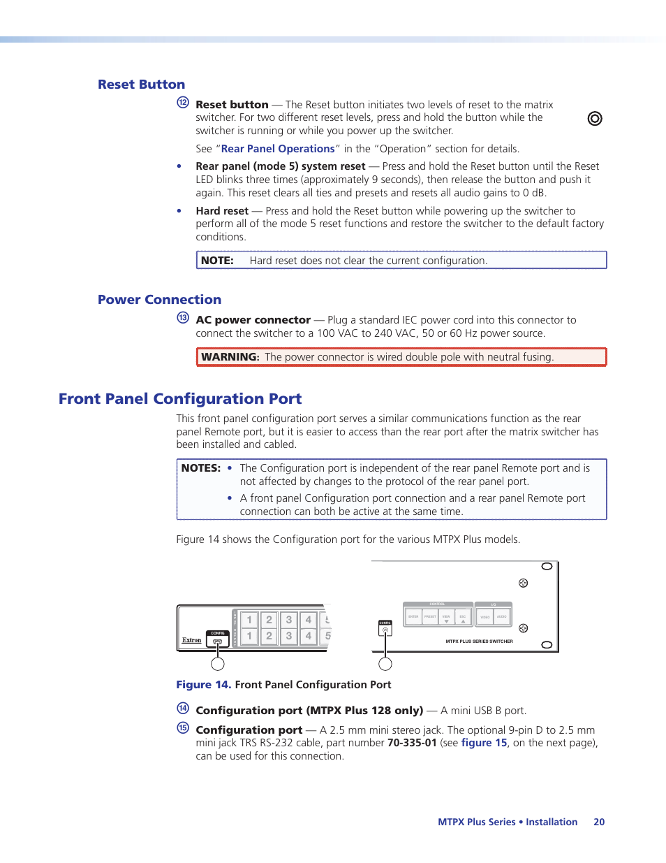 Reset button, Power connection, Front panel configuration port | Reset button power connection | Extron Electronics MTPX Plus Series User Guide User Manual | Page 26 / 169
