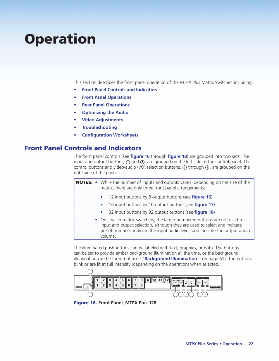 Operation, Front panel controls and indicators | Extron Electronics MTPX Plus Series User Guide User Manual | Page 28 / 169