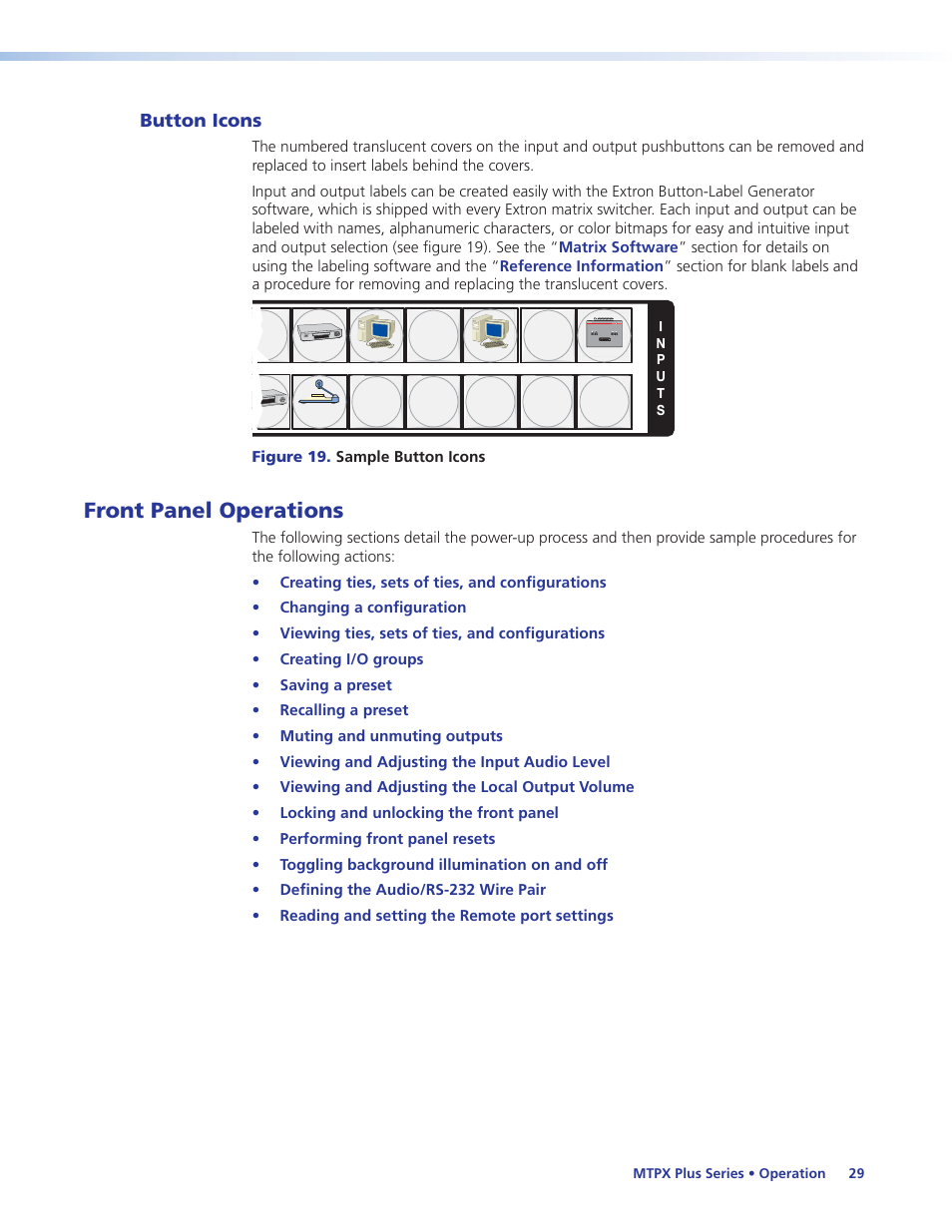 Button icons, Front panel operations, For detailed descriptions of the following | Extron Electronics MTPX Plus Series User Guide User Manual | Page 35 / 169