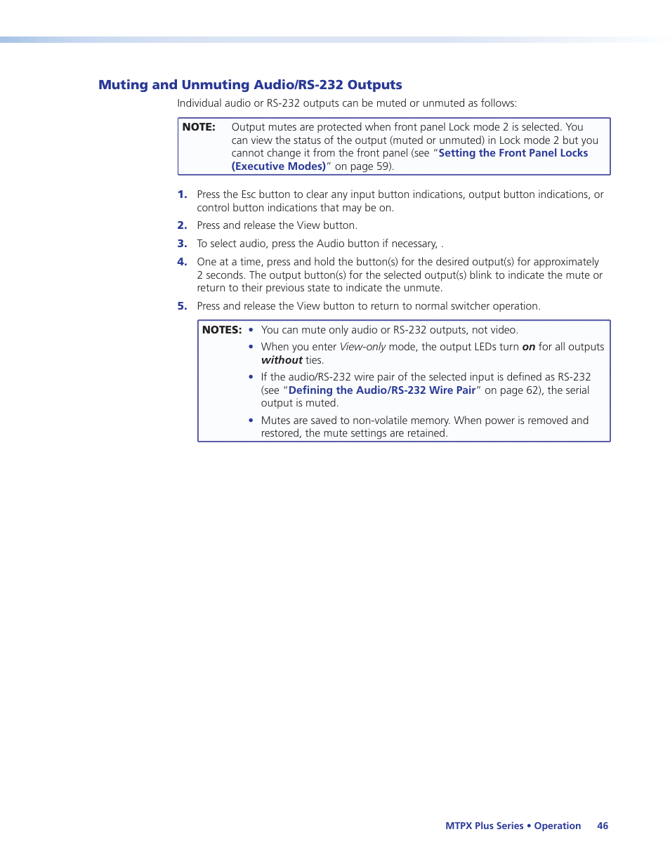 Muting and unmuting audio/rs-232 outputs, Muting and unmuting, Audio/rs-232 outputs | Audio or rs-232 mutes, Muting and unmuting outputs | Extron Electronics MTPX Plus Series User Guide User Manual | Page 52 / 169