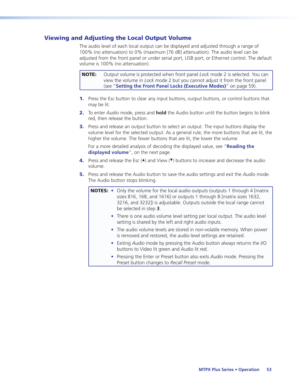 Viewing and adjusting the local output volume, Viewing and adjusting, The local output volume | Ol (see the, Operation, Section, the, Output audio volume, Output volume | Extron Electronics MTPX Plus Series User Guide User Manual | Page 59 / 169