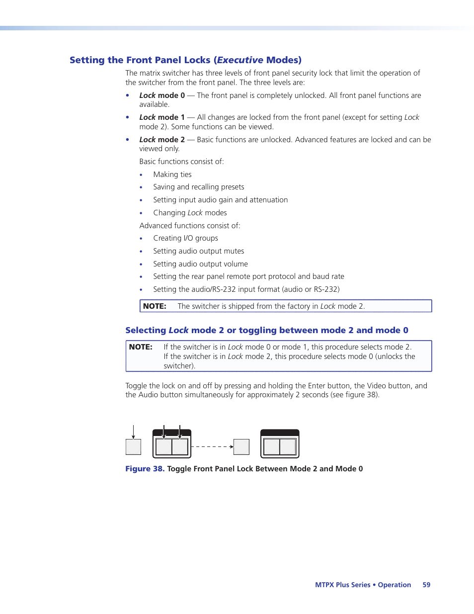 Setting the front panel locks (executive modes), Setting the front panel locks, Executive modes) | Front panel locks, Locking and unlocking the front panel, Setting the front panel locks ( executive modes) | Extron Electronics MTPX Plus Series User Guide User Manual | Page 65 / 169