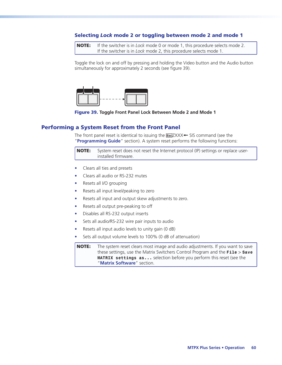 Performing a system reset from the front panel, Performing a system reset, From the front panel | Resets, Performing front panel resets | Extron Electronics MTPX Plus Series User Guide User Manual | Page 66 / 169
