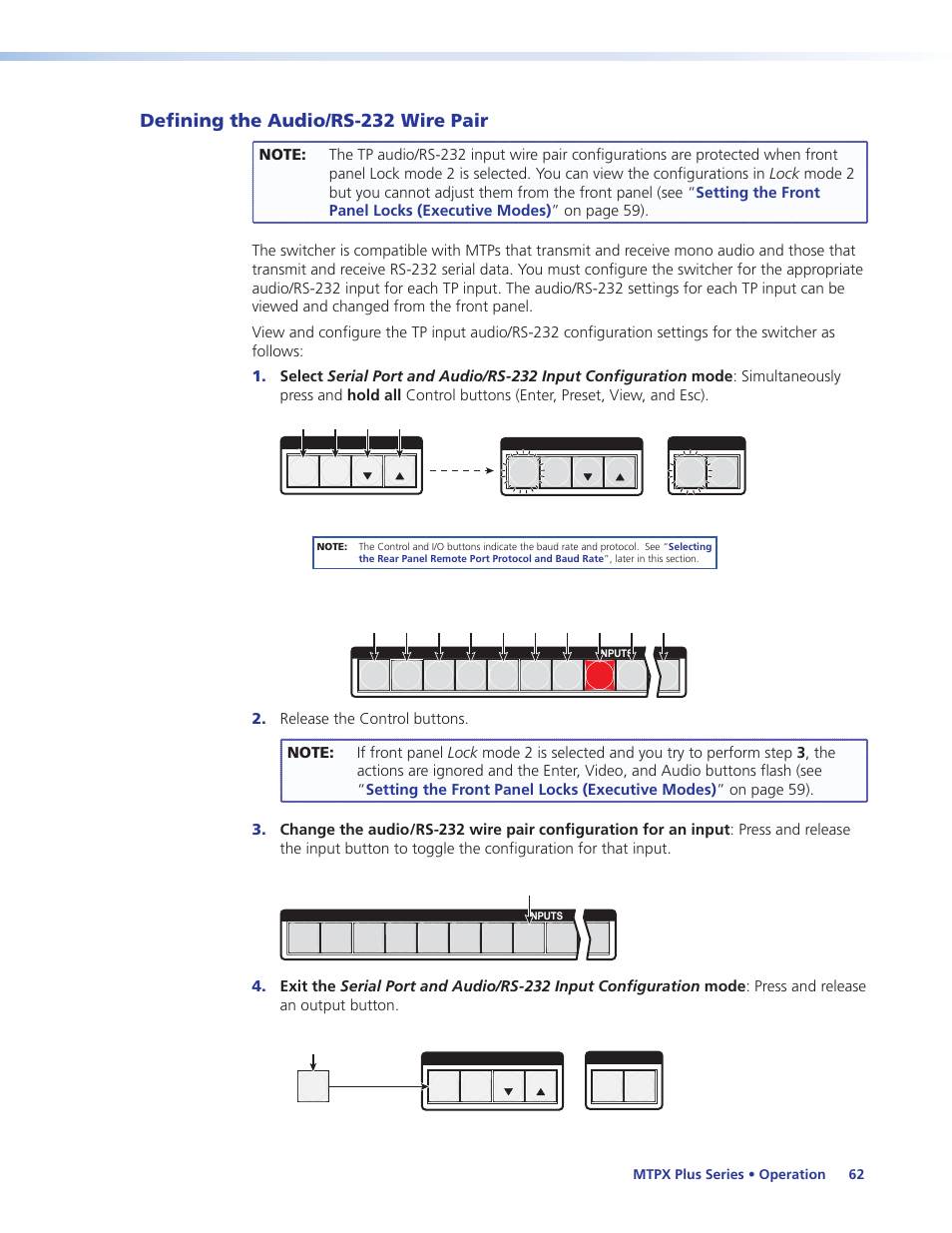 Defining the audio/rs-232 wire pair, E pair (pins 3 and 6) for each tp input (see, Defining the audio | Rs-232 wire pair, Input configuration, Input, Port configuration, Is defined as audio (see | Extron Electronics MTPX Plus Series User Guide User Manual | Page 68 / 169