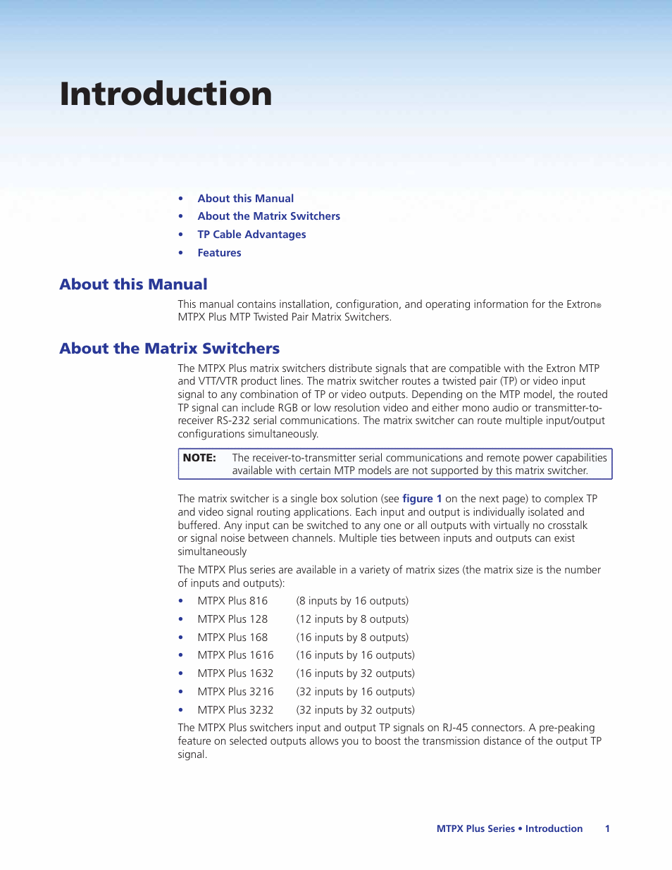 Introduction, About this manual, About the matrix switchers | About this manual about the matrix switchers | Extron Electronics MTPX Plus Series User Guide User Manual | Page 7 / 169