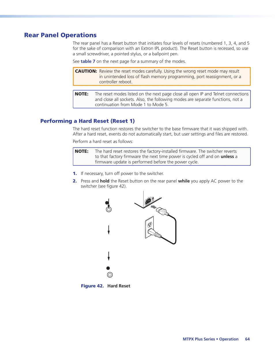 Rear panel operations, Performing a hard reset (reset 1) | Extron Electronics MTPX Plus Series User Guide User Manual | Page 70 / 169