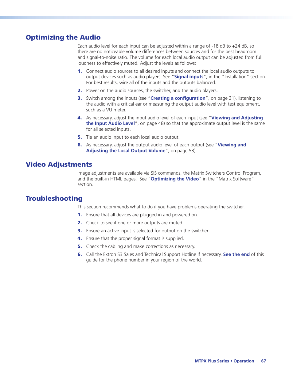 Optimizing the audio, Video adjustments, Troubleshooting | Extron Electronics MTPX Plus Series User Guide User Manual | Page 73 / 169