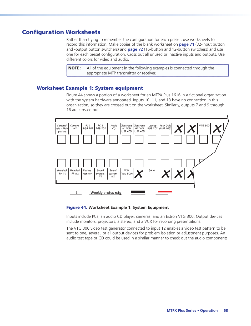 Configuration worksheets, Worksheet example 1: system equipment | Extron Electronics MTPX Plus Series User Guide User Manual | Page 74 / 169