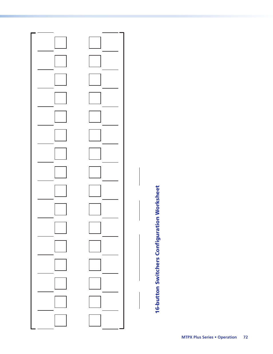 Button switchers configuration worksheet, Button switchers configuration, Worksheet | Button and 12-button switchers) and use | Extron Electronics MTPX Plus Series User Guide User Manual | Page 78 / 169