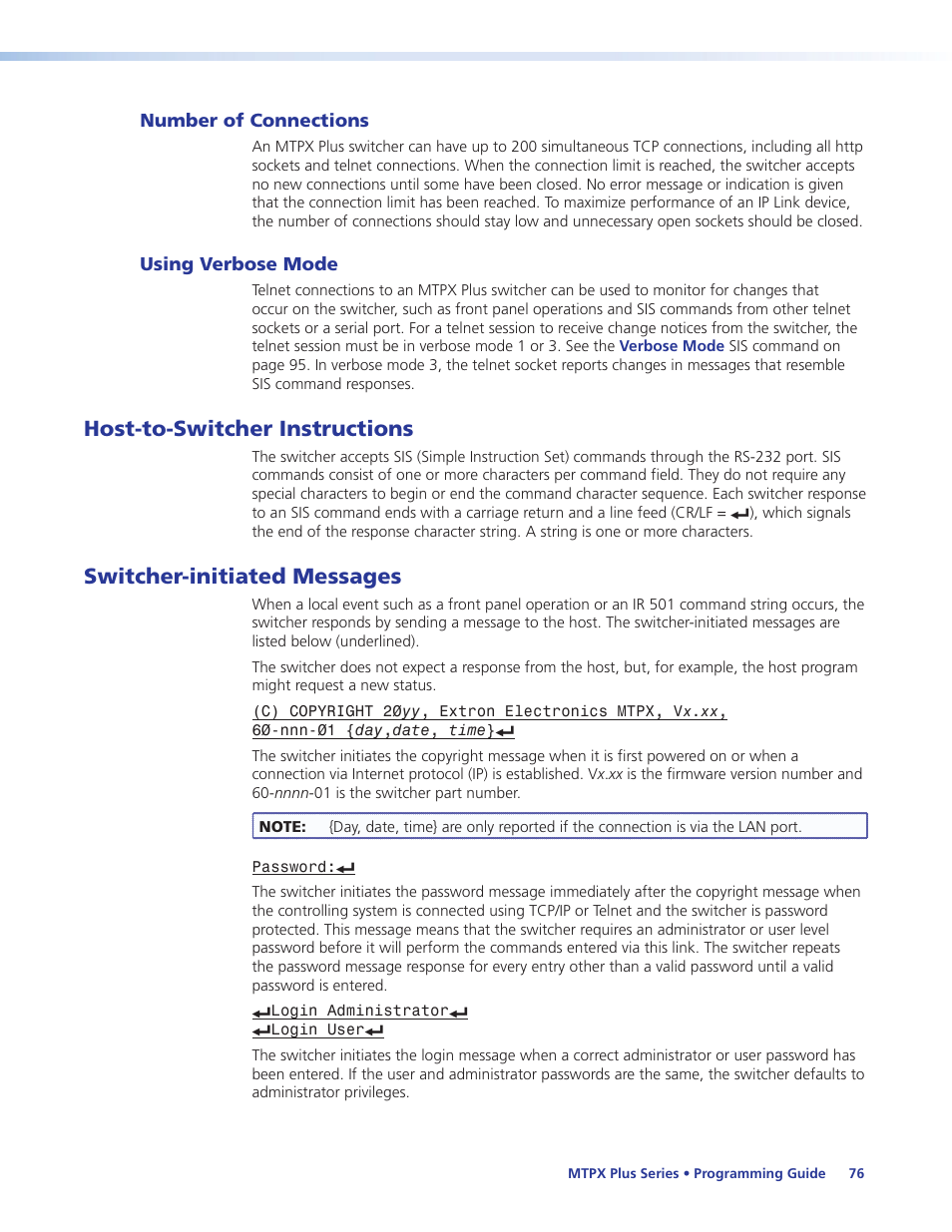 Number of connections, Using verbose mode, Host-to-switcher instructions | Switcher-initiated messages, Number of connections using verbose mode | Extron Electronics MTPX Plus Series User Guide User Manual | Page 82 / 169