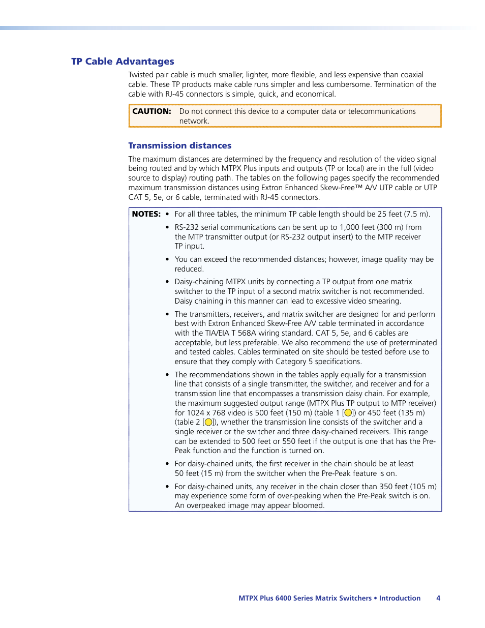 Tp cable advantages, Transmission distances | Extron Electronics MTPX Plus 6400 Series User Guide User Manual | Page 10 / 166