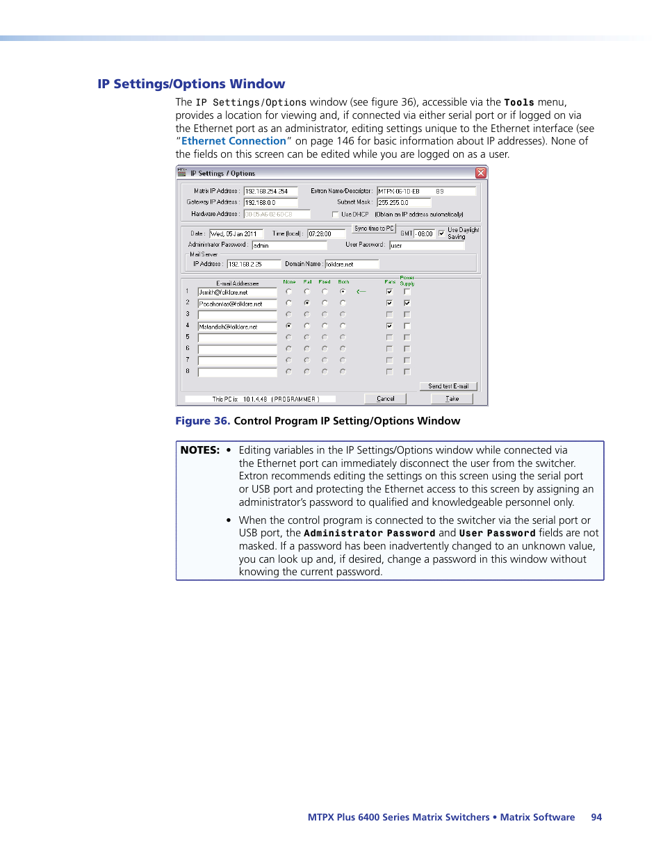 Ip settings/options window, See figure 36 | Extron Electronics MTPX Plus 6400 Series User Guide User Manual | Page 100 / 166
