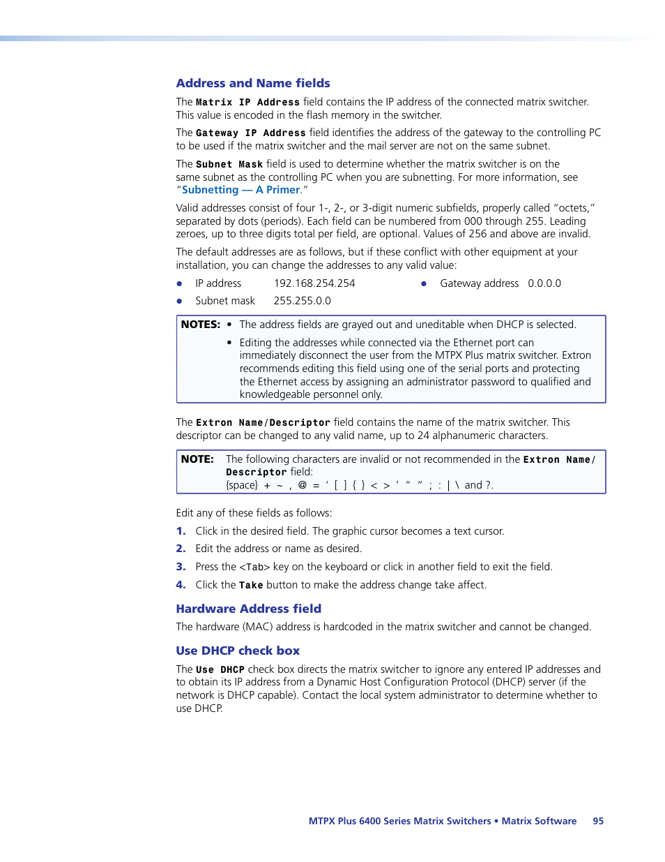 Address and name fields | Extron Electronics MTPX Plus 6400 Series User Guide User Manual | Page 101 / 166