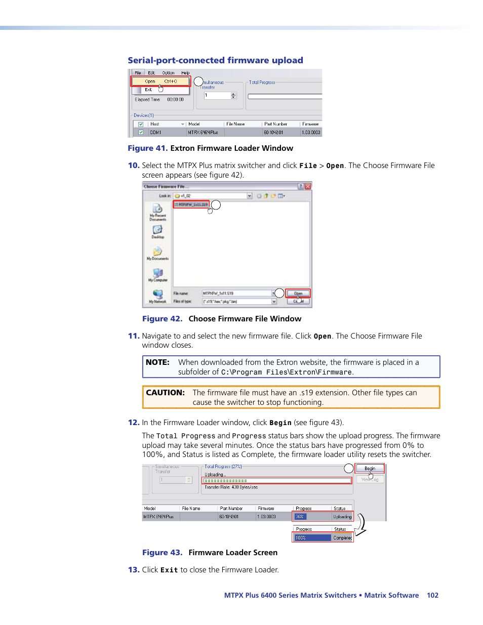 Serial-port-connected firmware upload, E 41) (see, On the next | Extron Electronics MTPX Plus 6400 Series User Guide User Manual | Page 108 / 166