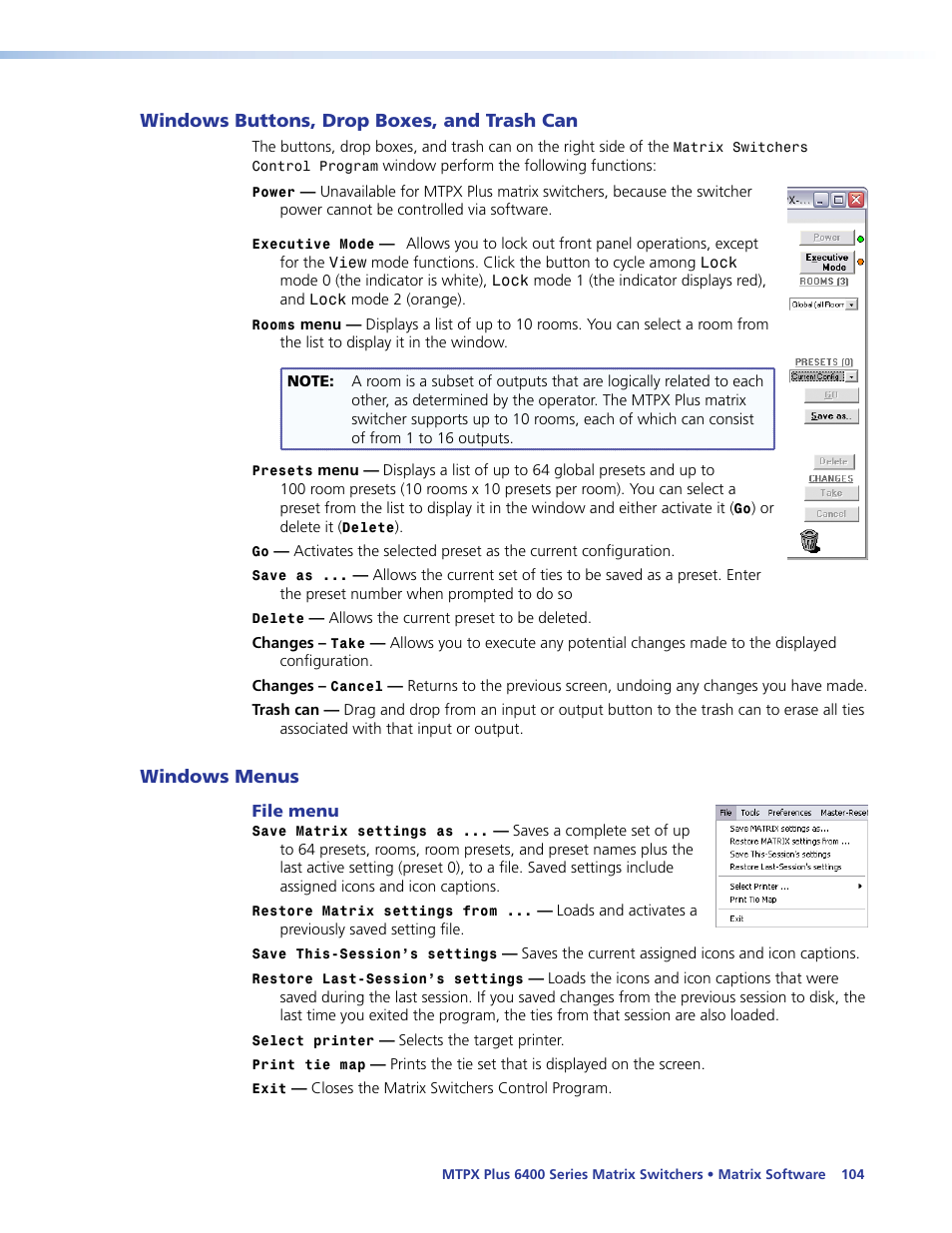 Windows buttons, drop boxes, and trash can, Windows menus, File menu | Windows buttons, drop boxes, And trash can, Eset (see the, Matrix software | Extron Electronics MTPX Plus 6400 Series User Guide User Manual | Page 110 / 166