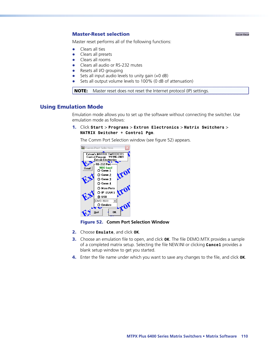 Master-reset selection, Using emulation mode | Extron Electronics MTPX Plus 6400 Series User Guide User Manual | Page 116 / 166